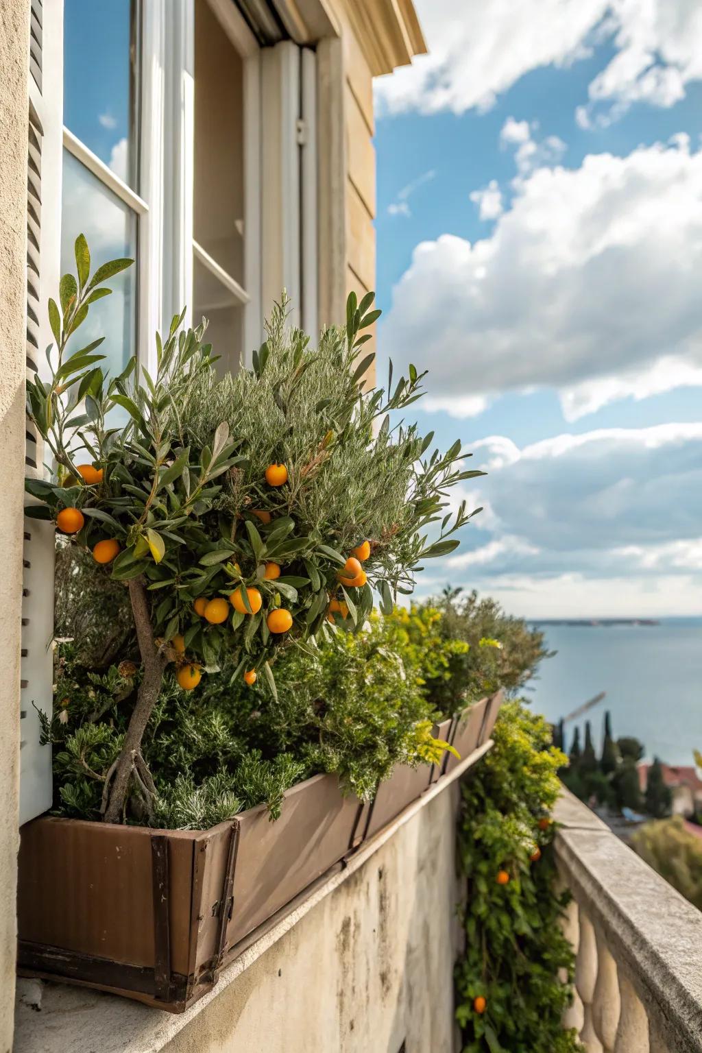 Mediterranean magic with olive and citrus plants.