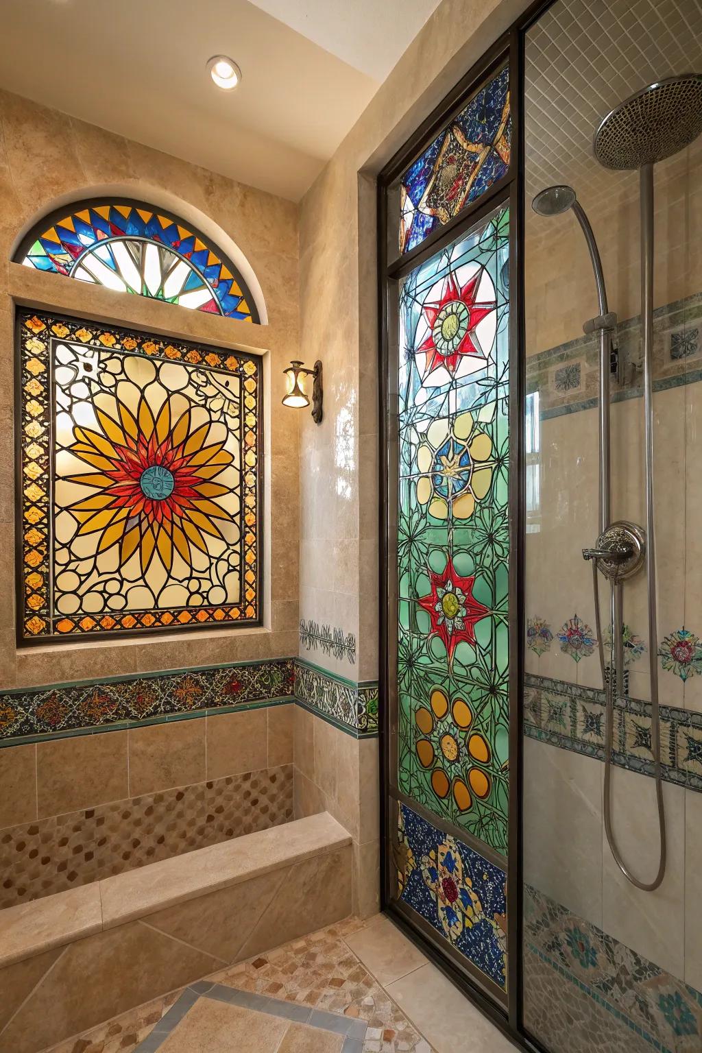 Mosaic glass brings vibrant colors and patterns to the shower window.