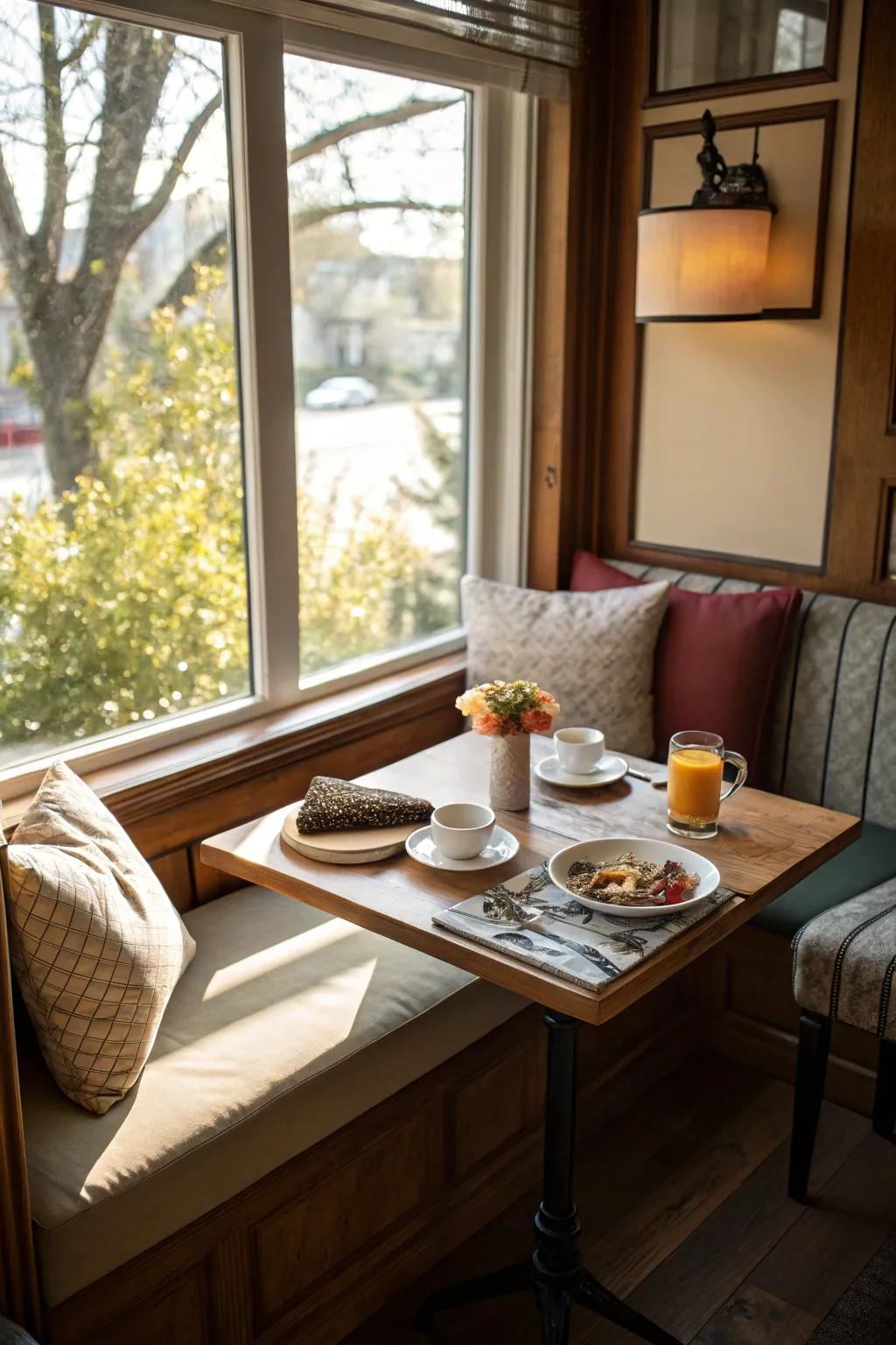 A breakfast nook by the window offers a charming spot for casual dining.