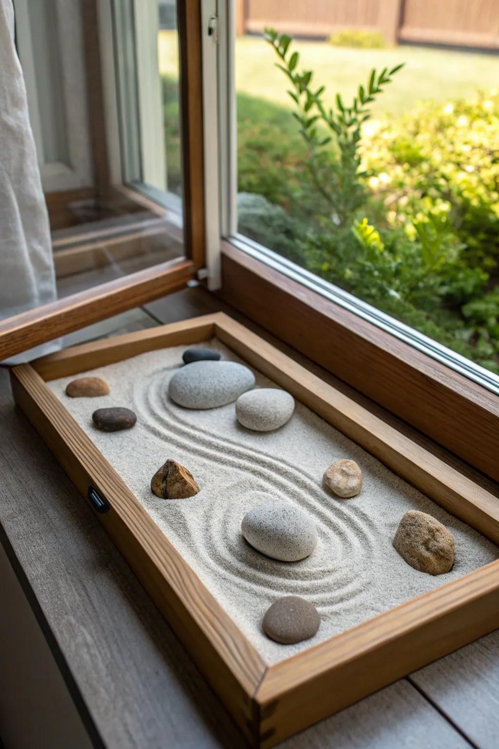 A zen garden on the windowsill offers peace and tranquility.