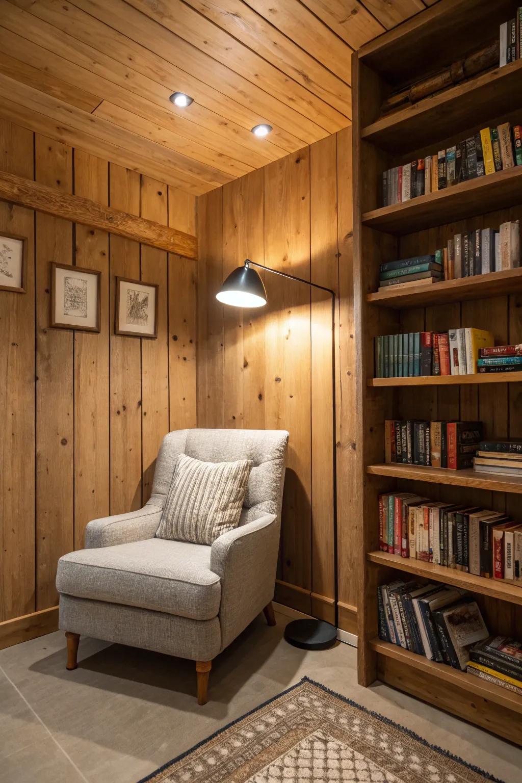 A creative corner featuring a cozy wood accent wall.