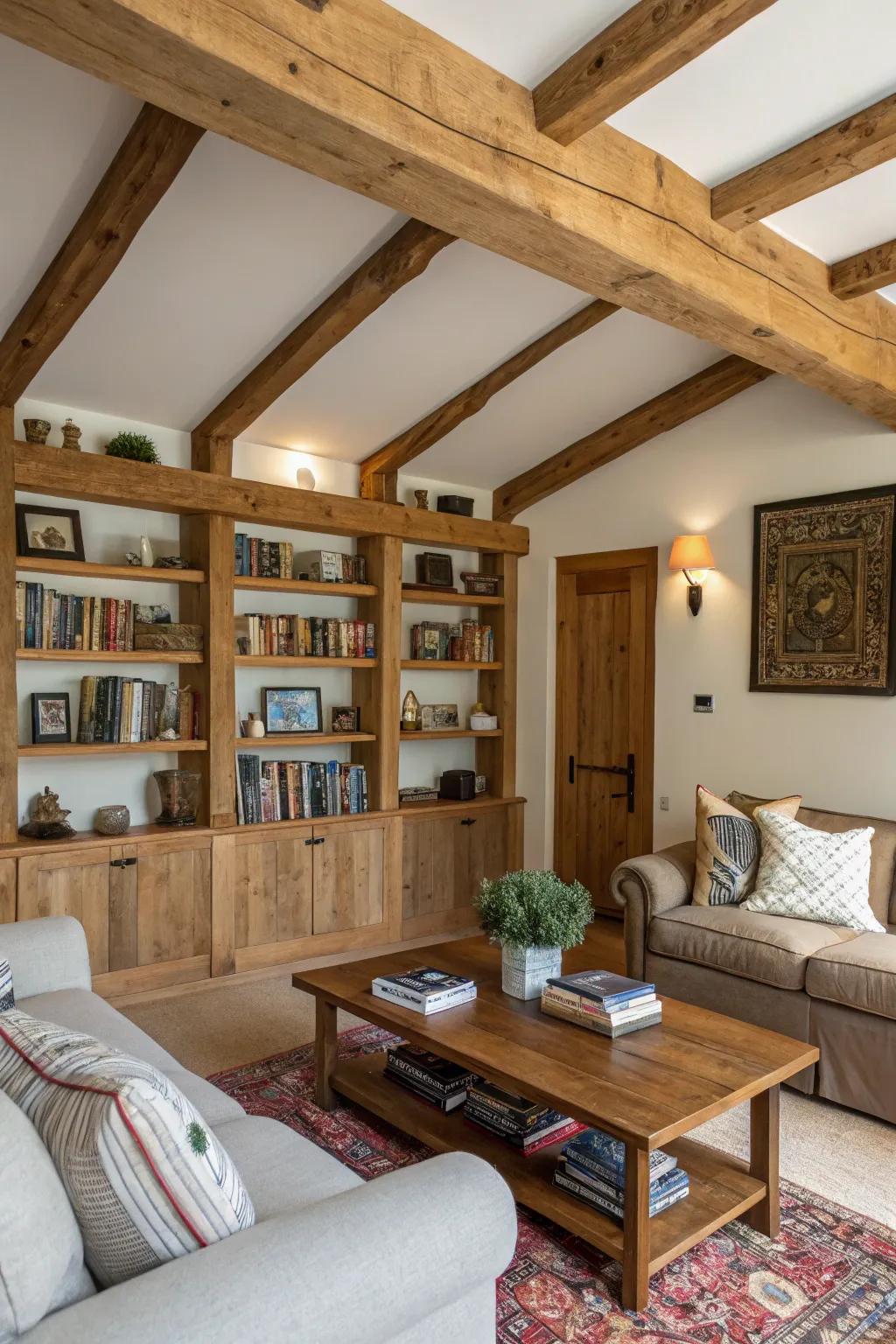 Functional and stylish beam shelving in a living room.