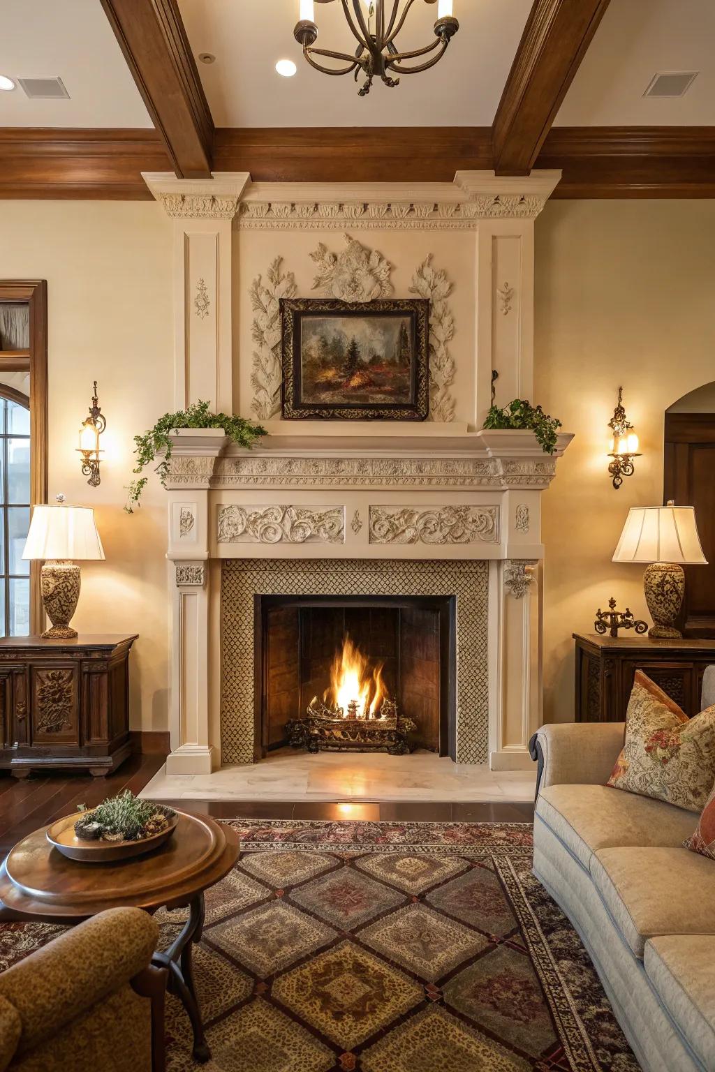 A grand fireplace with a statement mantle for impact.