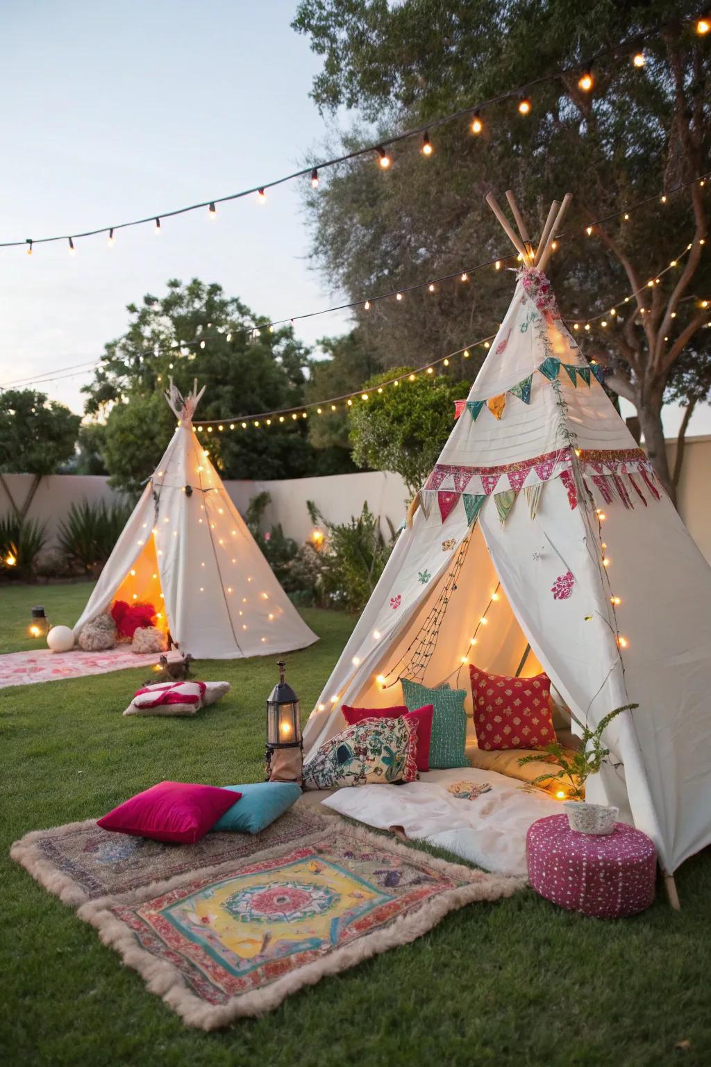 Whimsical teepee tents creating a magical party atmosphere.