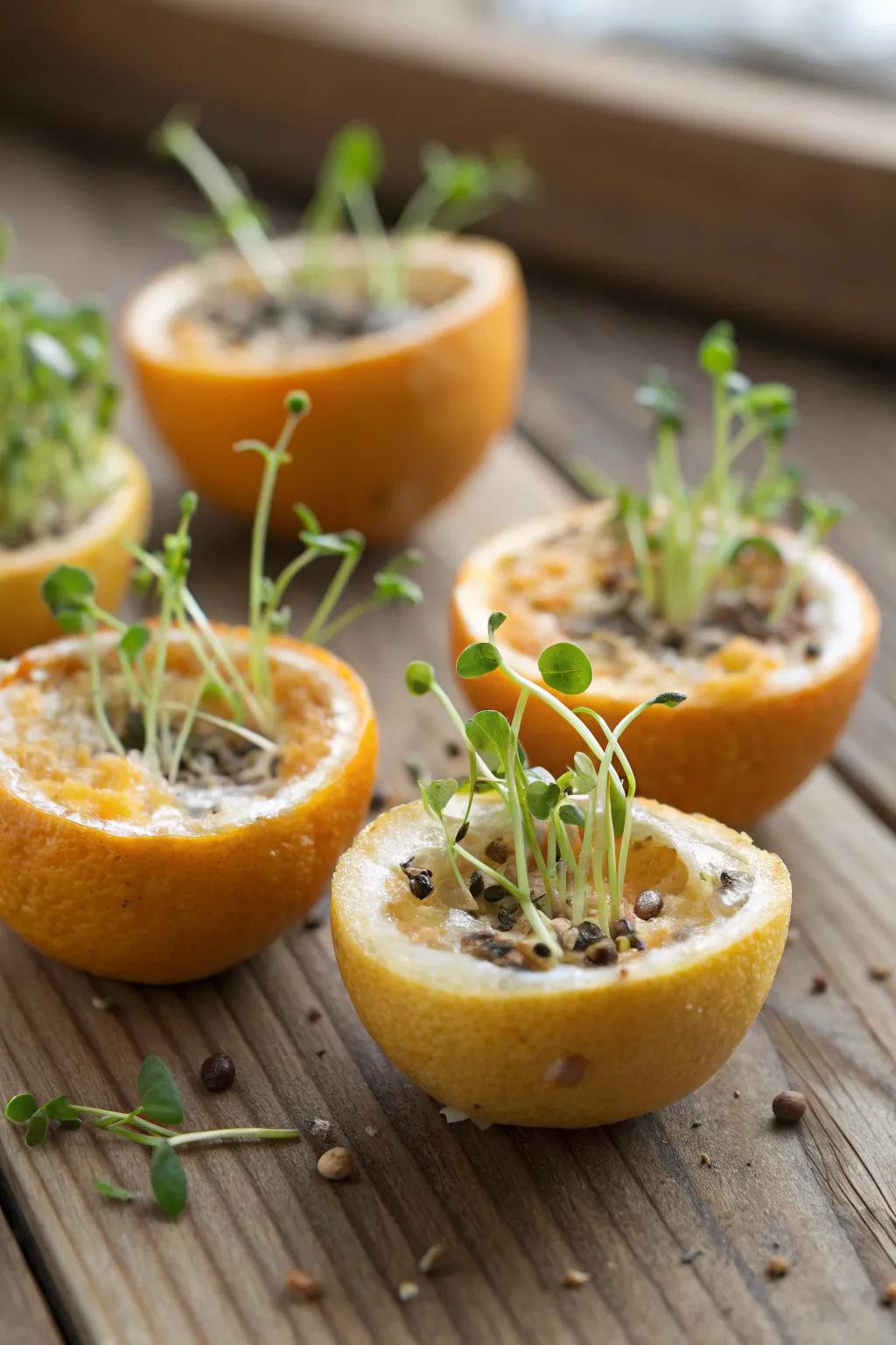 Citrus rinds serving as eco-friendly seed starters.