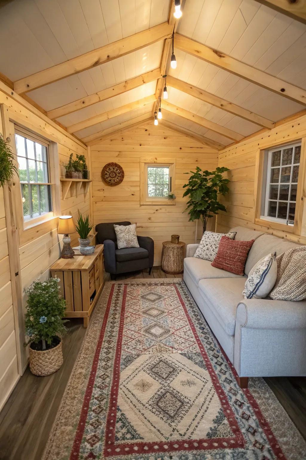 Create a cozy living corner with comfy seating and layered rugs for warmth.