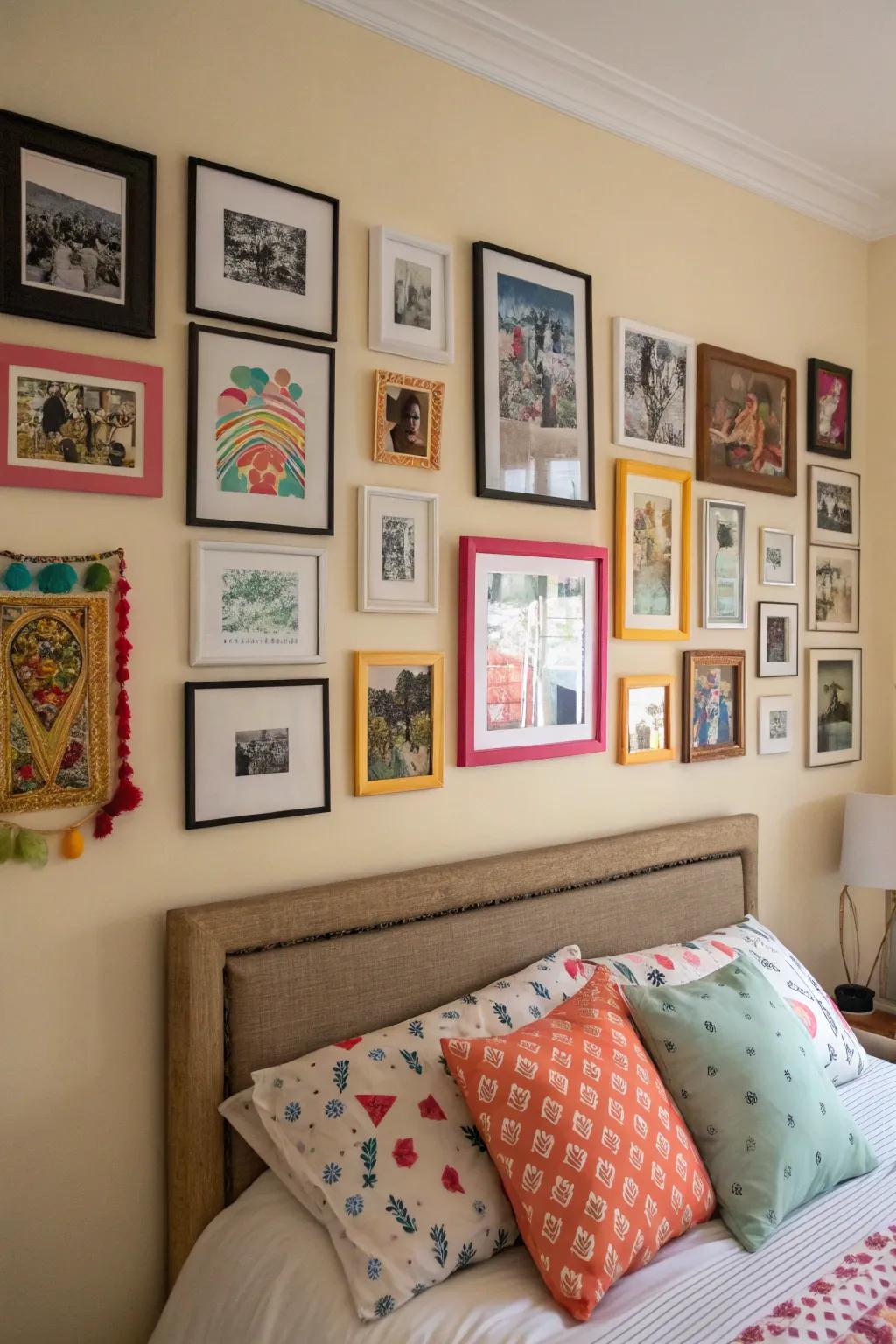 A gallery wall showcasing personal art and memories.