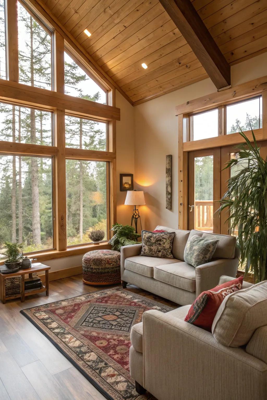 Large windows bring in natural light, enhancing the warmth and openness of the space.