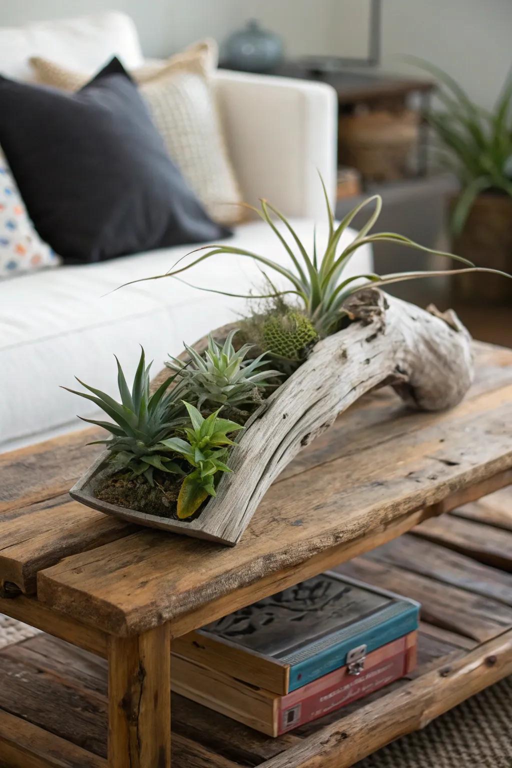 Driftwood offers a natural, rustic charm for air plant displays.