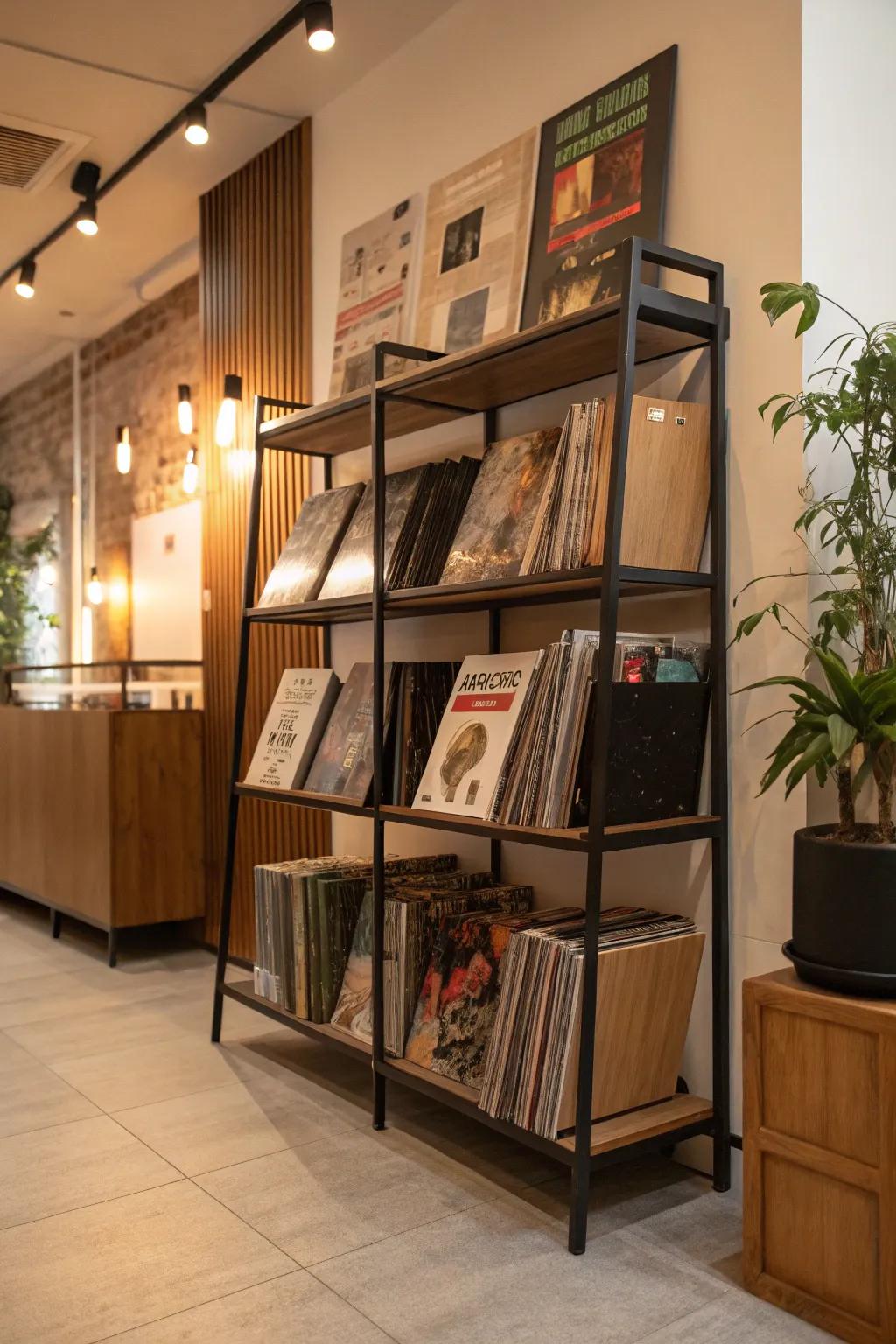 A stylish multi-level storage rack for organizing vinyl records and books.