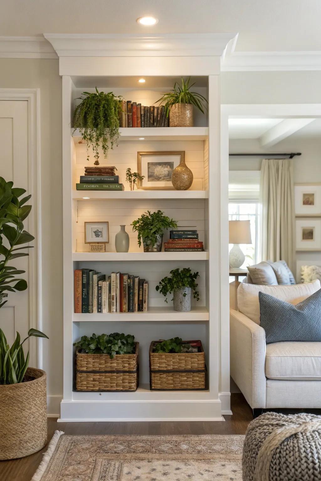 Achieve balance with symmetrical alcove shelving.