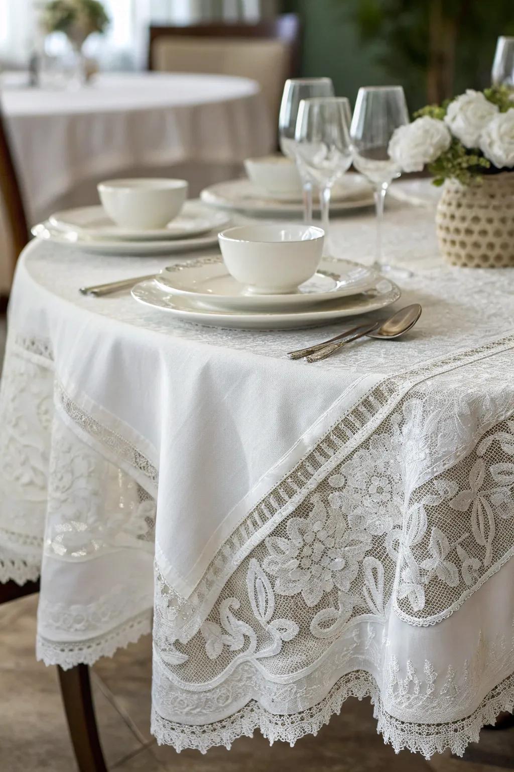 Layered white linens bring elegance and texture to the dinner table.