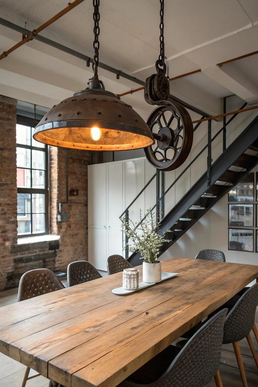 Adjustable lighting with a vintage touch in the dining area.