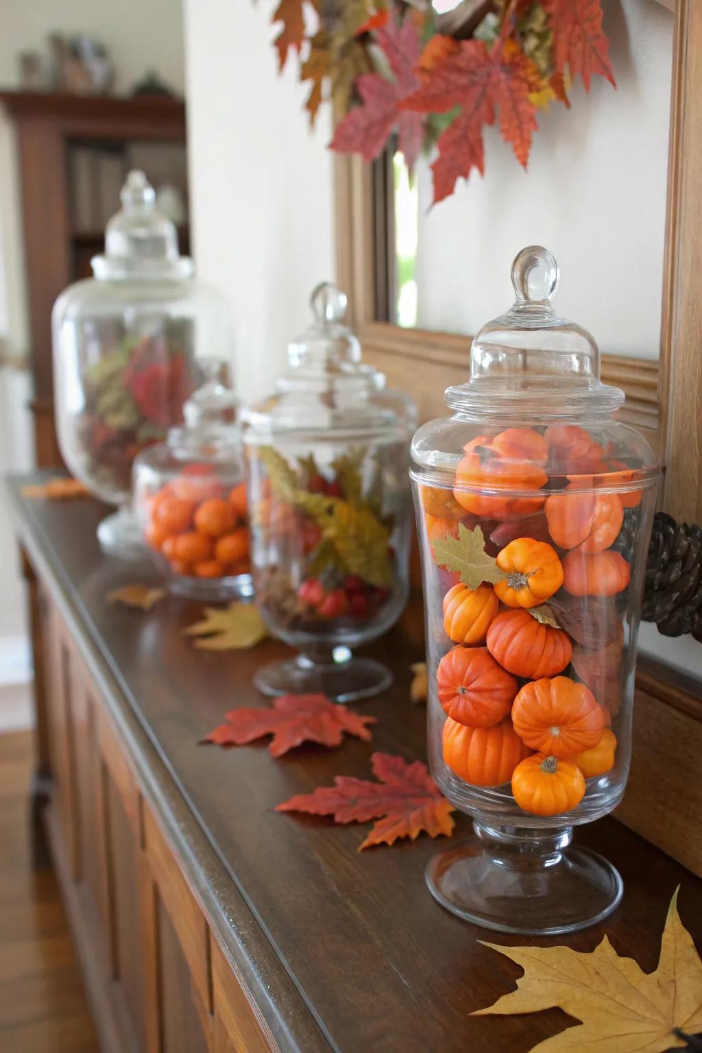 Seasonal decor in apothecary jars keeps your home vibrant and welcoming.