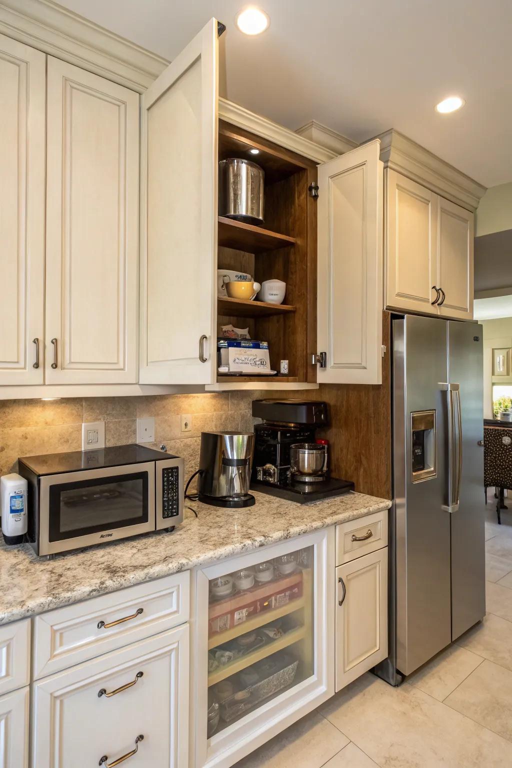 Lift-up doors elegantly reveal hidden kitchen appliances, blending convenience with style.