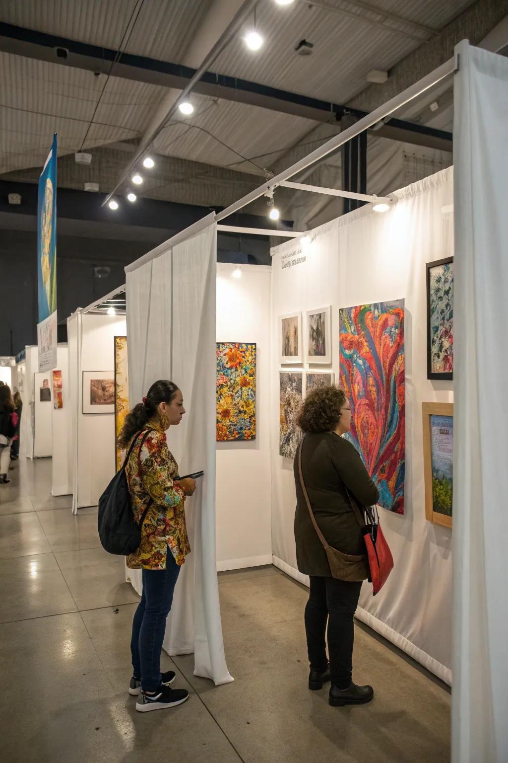 A clean and professional art booth with a white backdrop.