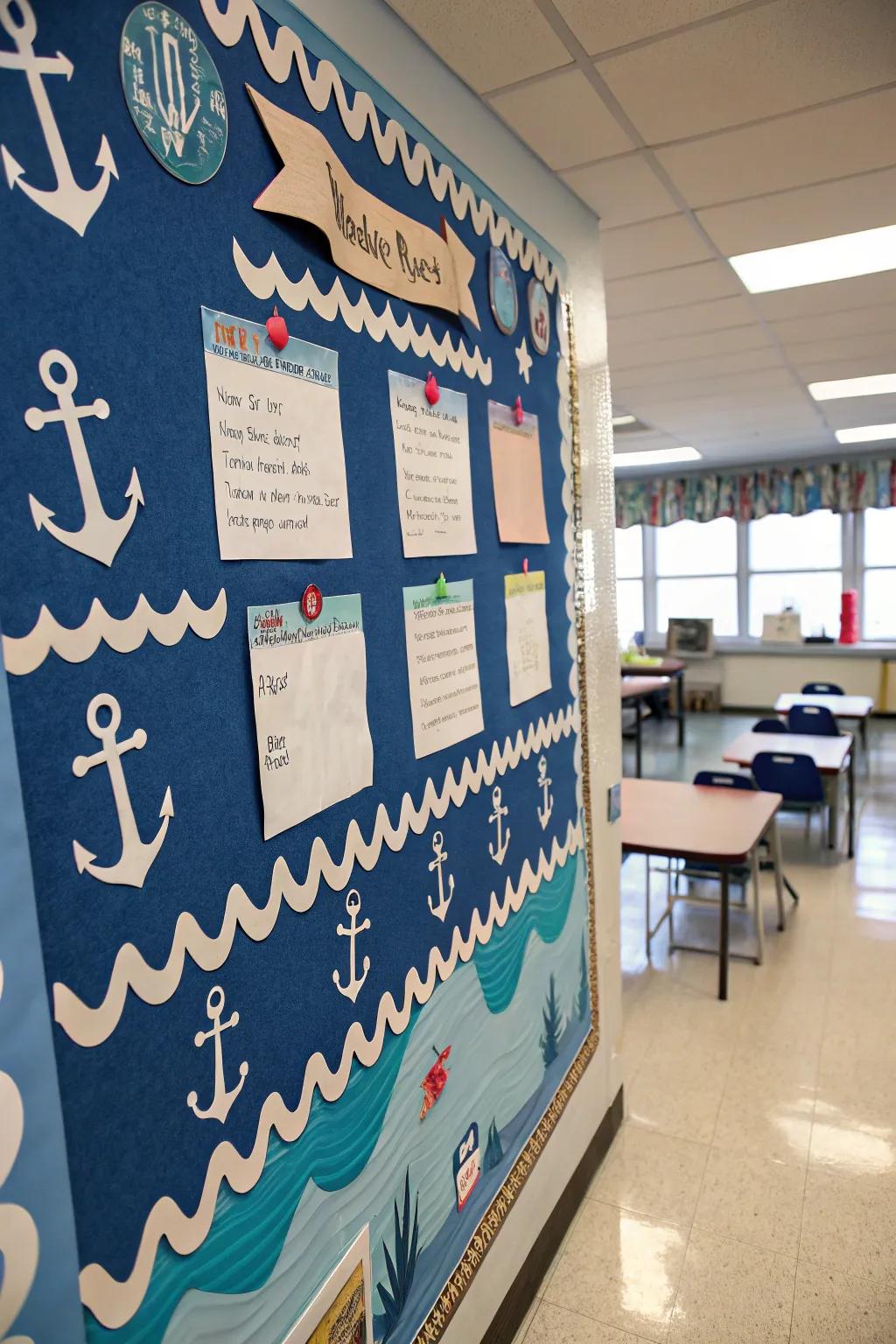 Nautical-themed bulletin board welcoming students aboard.