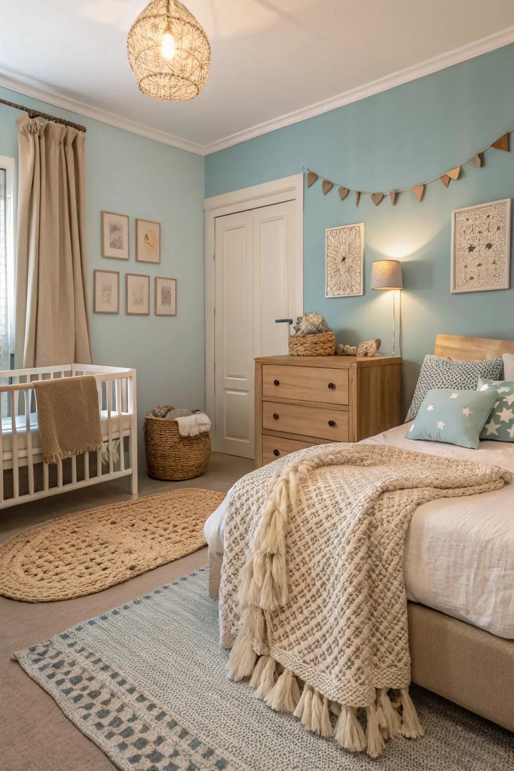 Warm neutrals harmoniously blend with baby blue for a cozy bedroom feel.