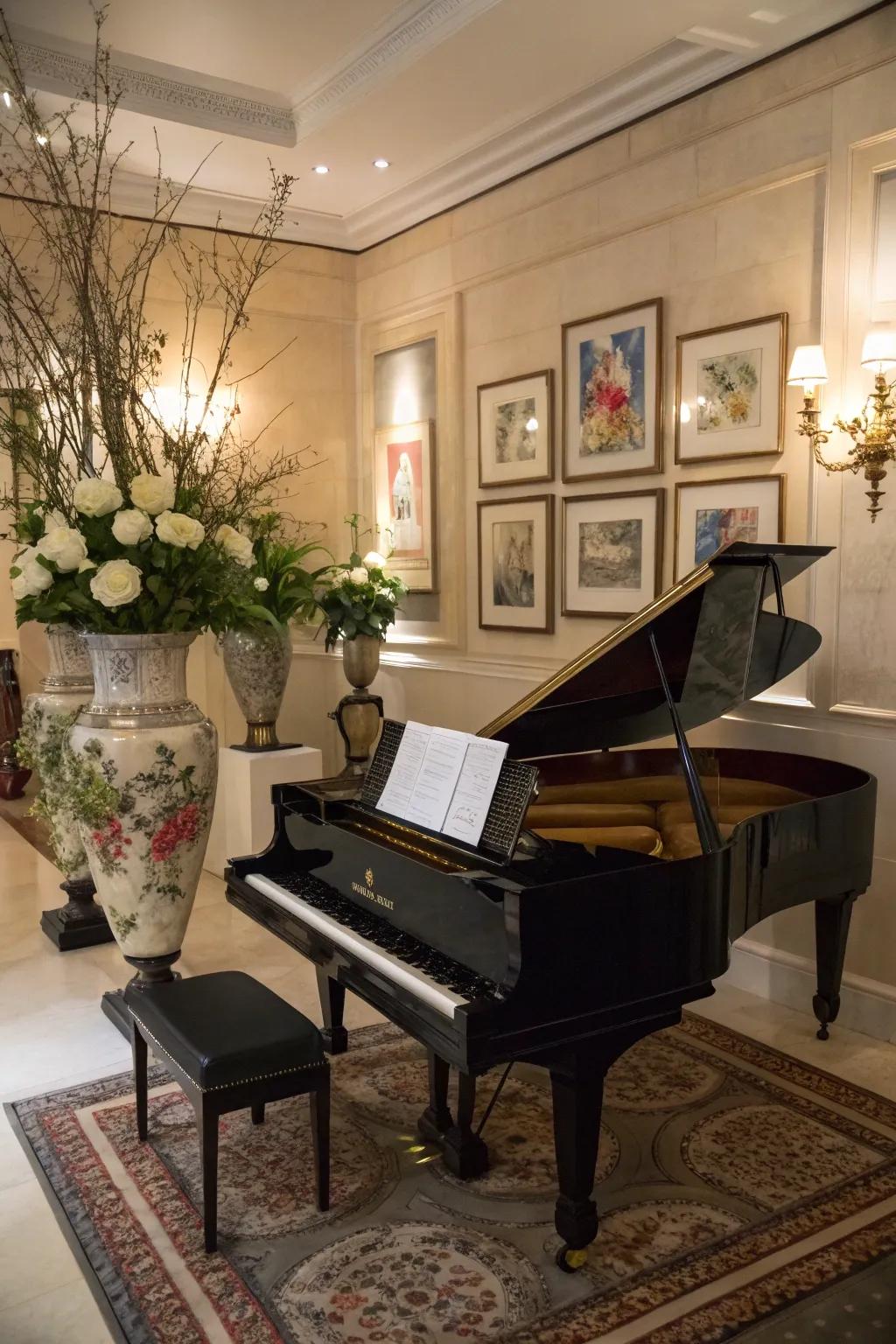 Elegant accessories complement the baby grand piano beautifully.