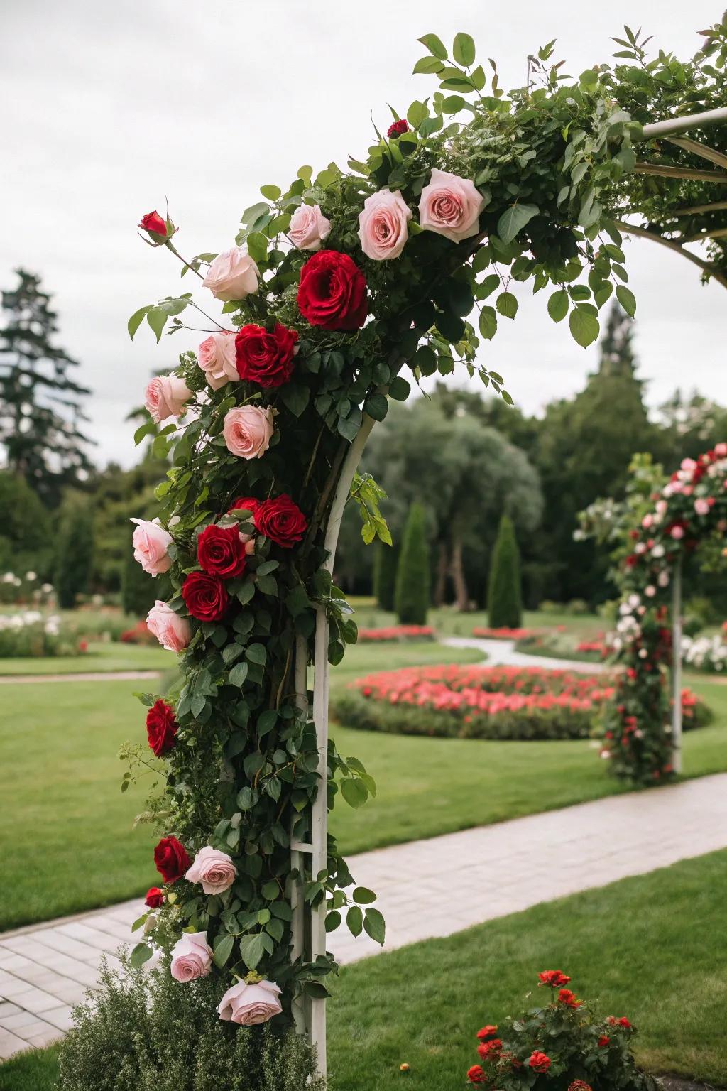 A vibrant floral arch with roses and greenery for a fresh look.