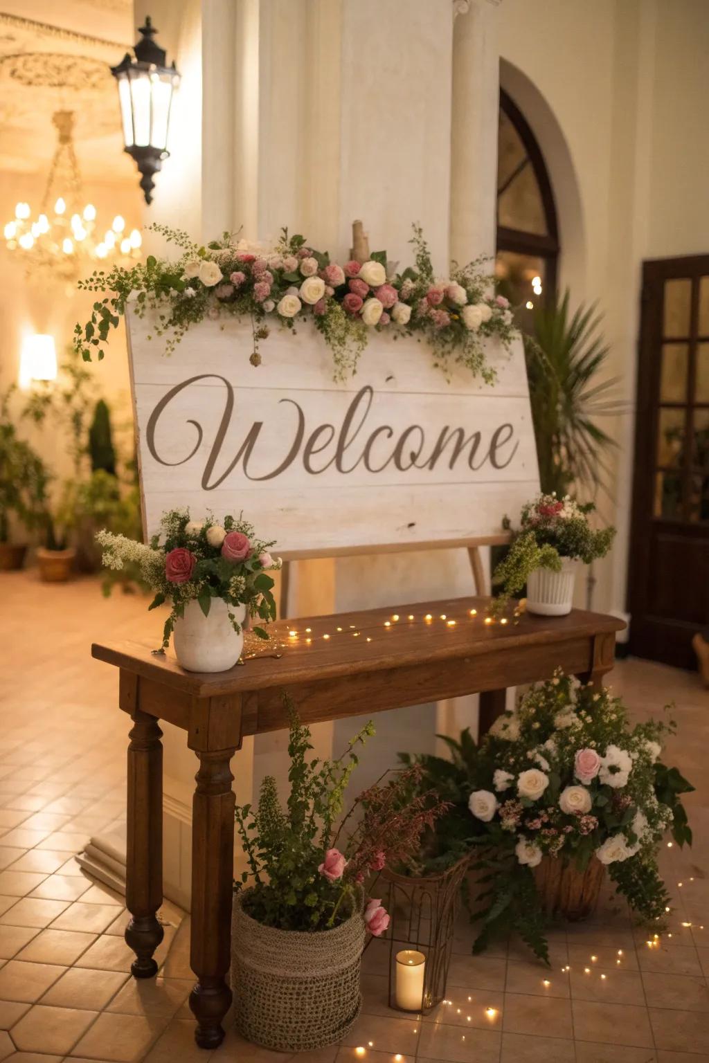 A personalized welcome sign adds a heartfelt touch to the decor.