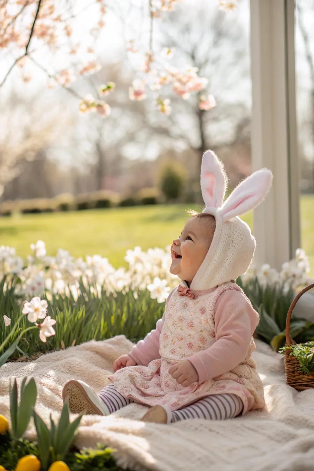 A sweet Easter outfit complete with bunny ears for a memorable photo.