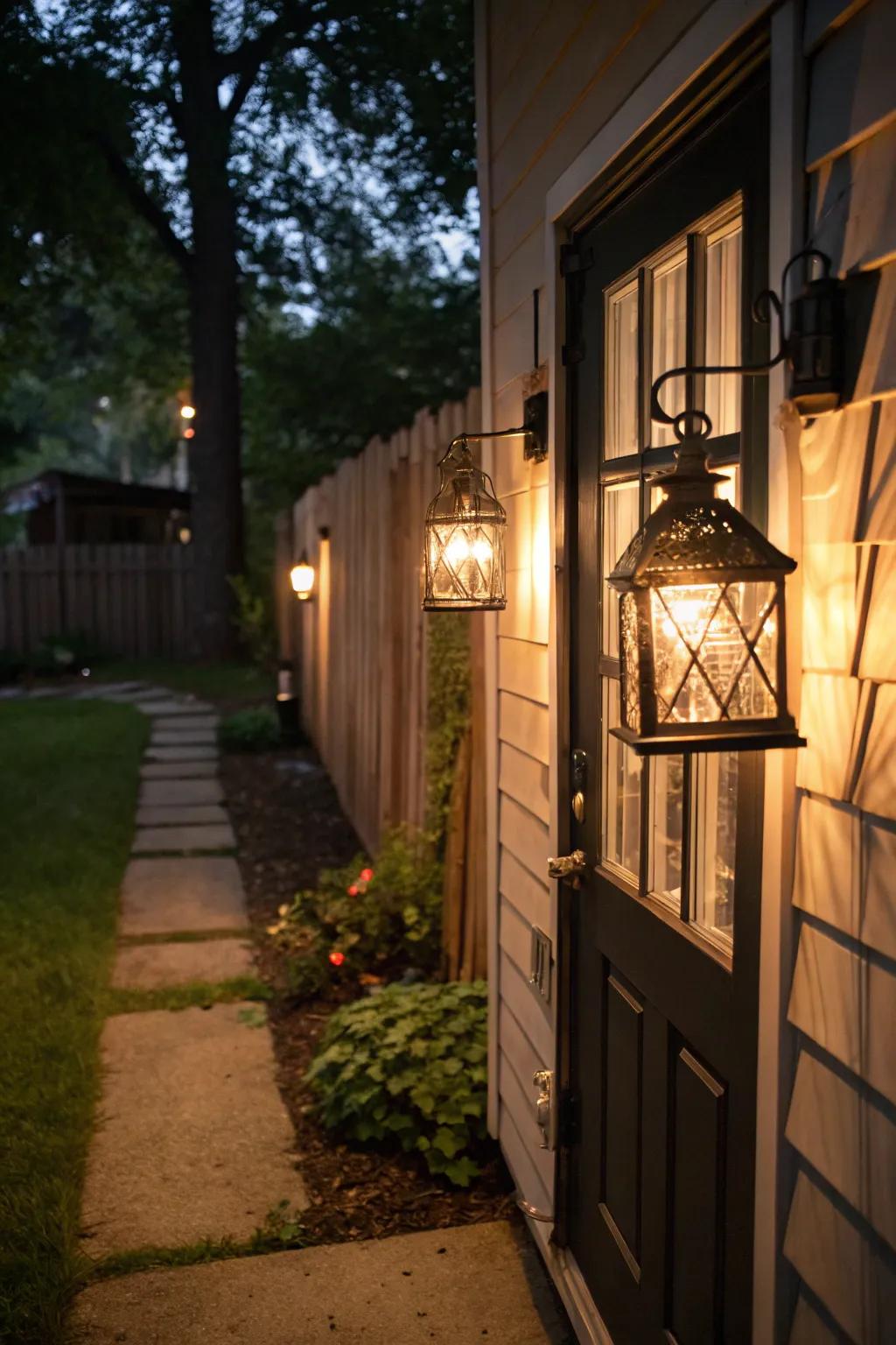 Classic lanterns provide a warm glow at the back door.