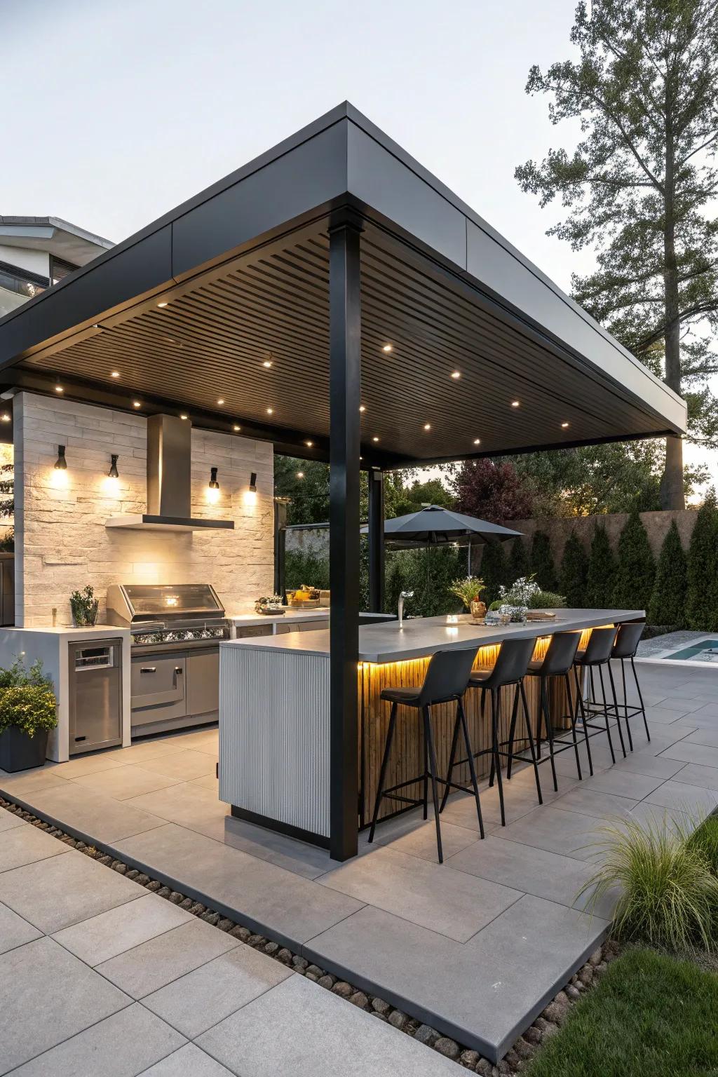 A modern gazebo with a built-in bar provides a chic outdoor entertaining space.