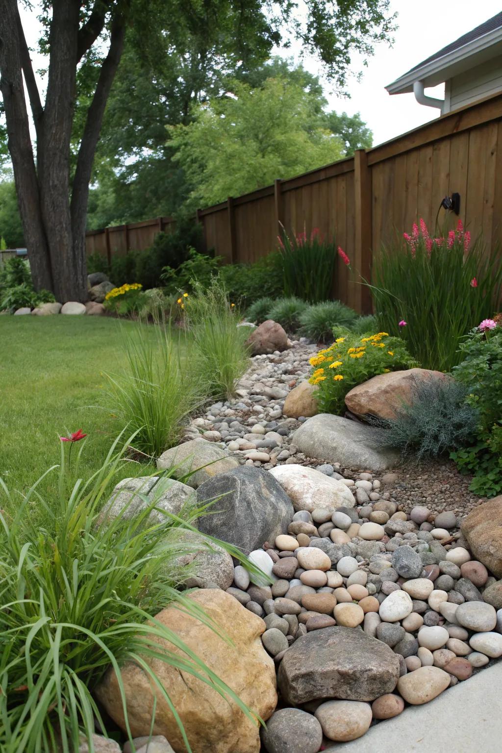 A charming rock bed that doubles as an effective drainage solution.