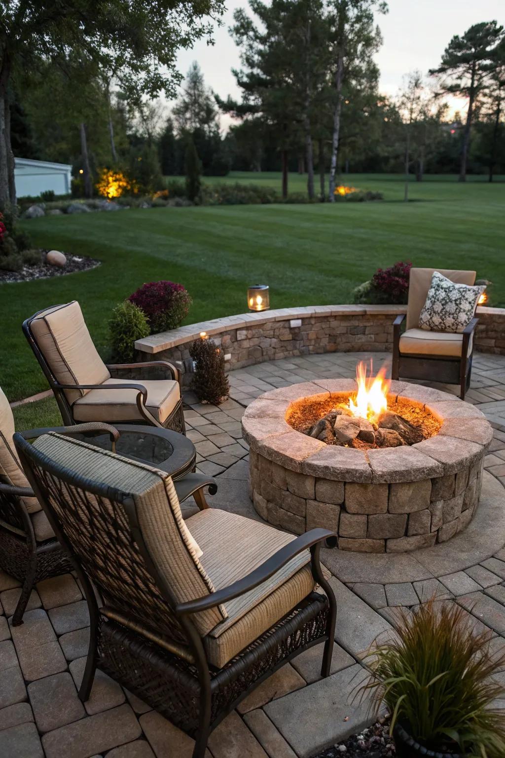 A cozy fire pit area invites warmth and social gatherings.