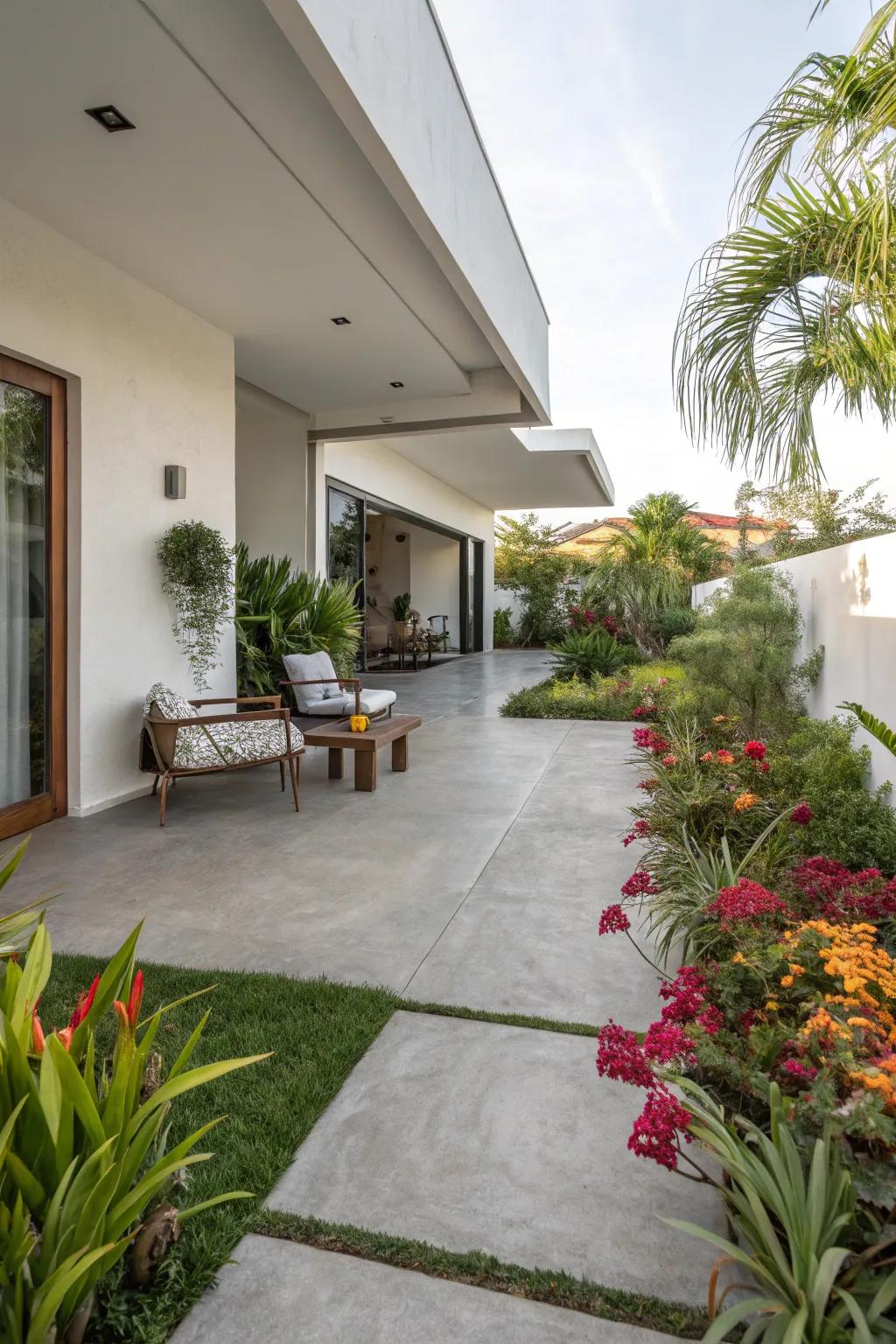 Smooth concrete slabs create a modern and minimalist patio.