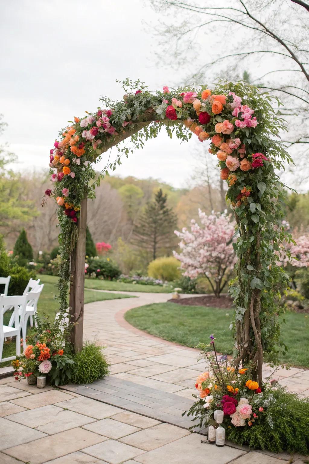 An elegant floral archway serves as a stunning focal point for the ceremony.