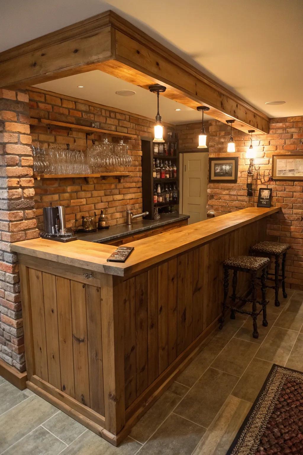 A rustic home bar with a charming brick backsplash and wooden countertops.