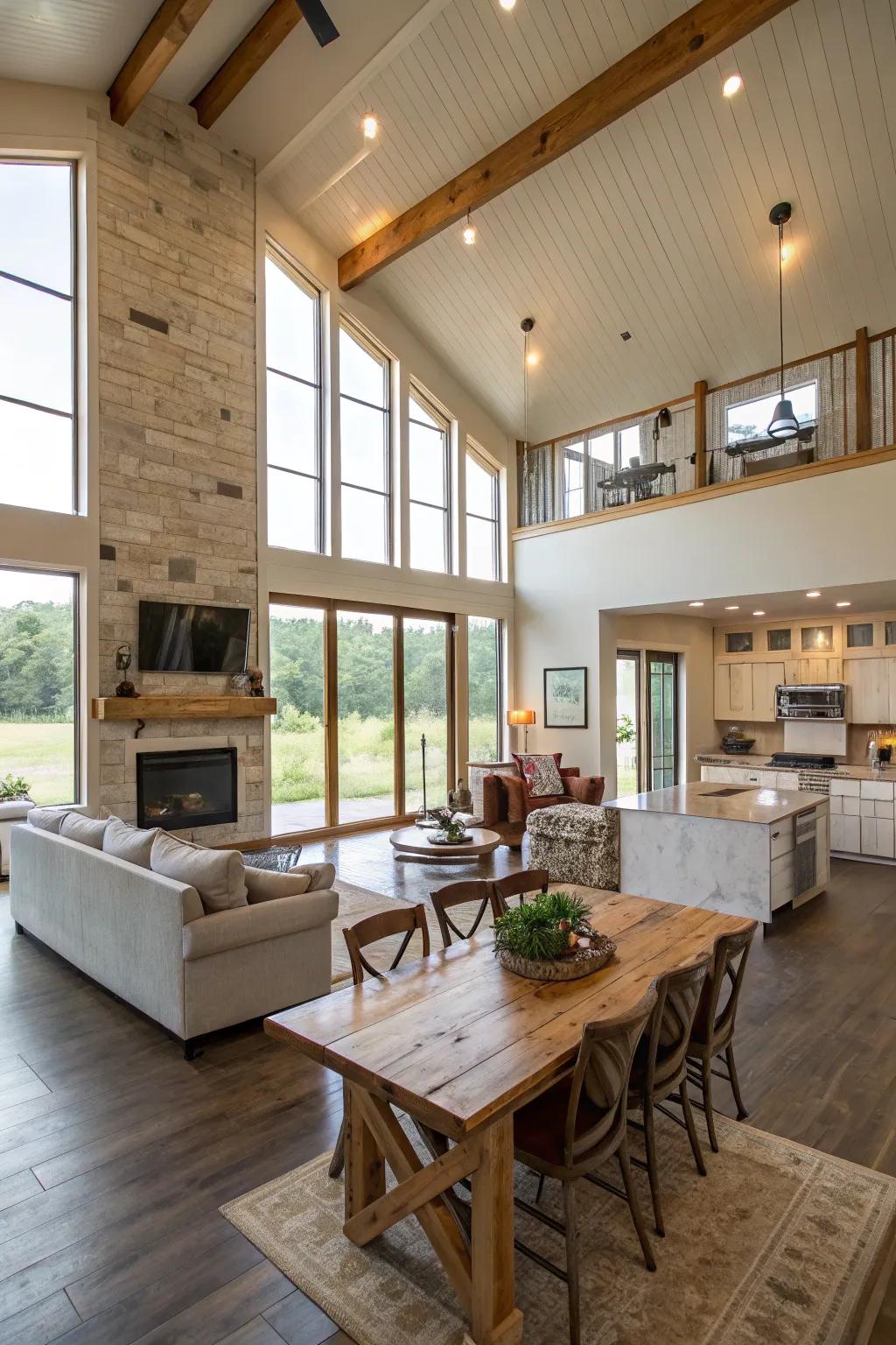 A spacious and inviting open floor plan in this barndominium.