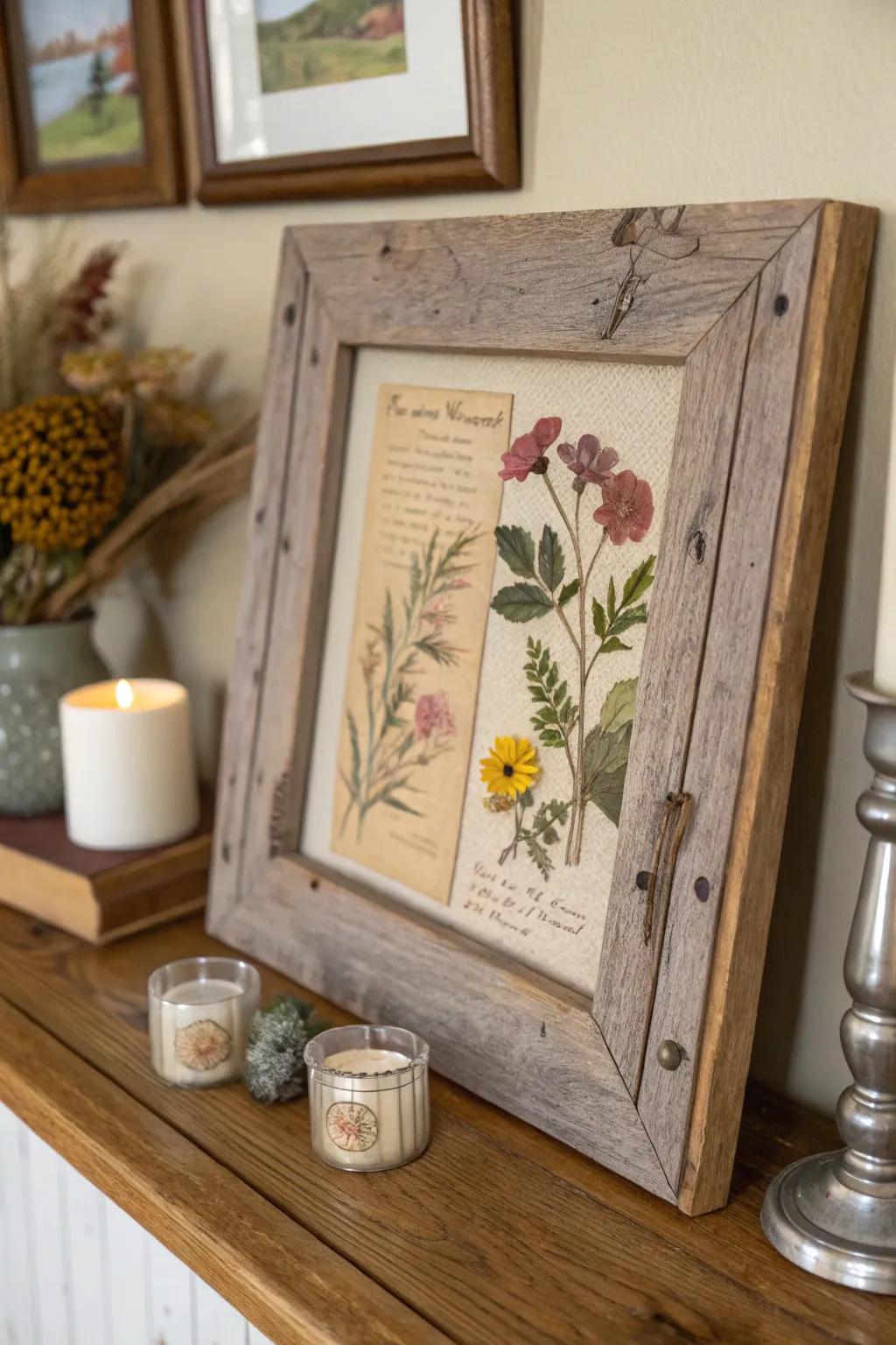 Barnwood frame with vintage postcard and pressed flowers.