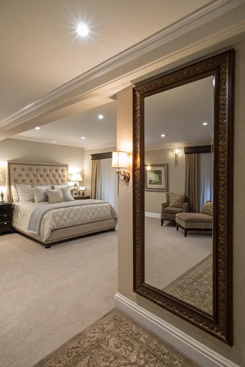 Mirrors can dramatically enhance the perception of space and light in windowless rooms.