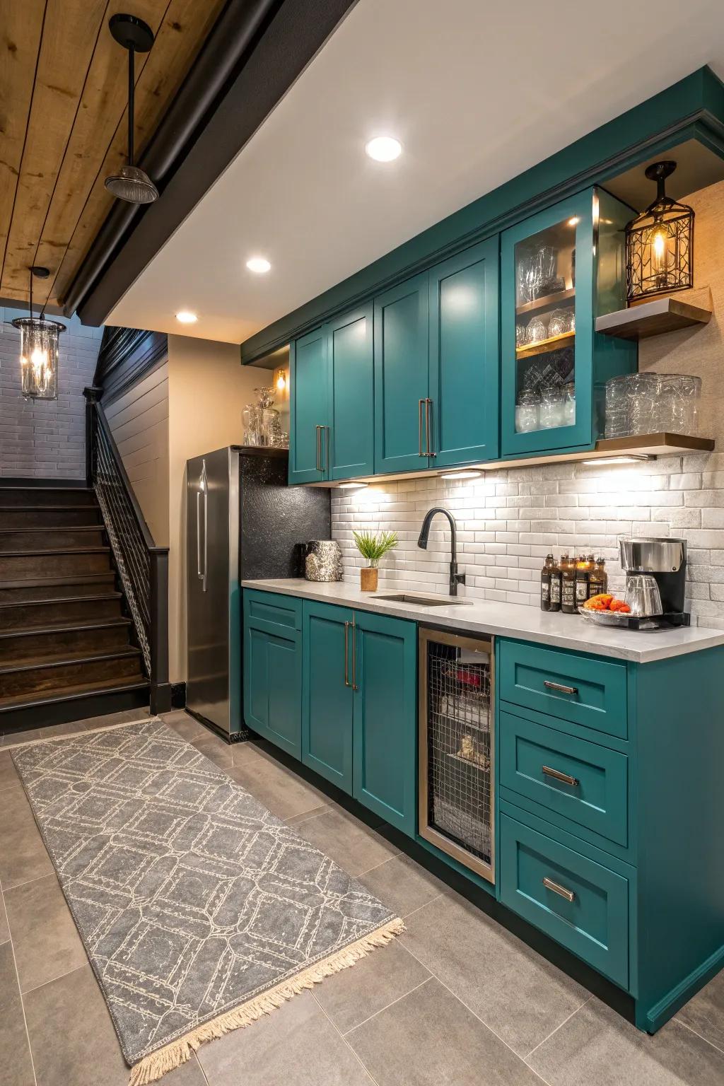 Bold cabinetry can inject energy and style into your basement kitchenette.