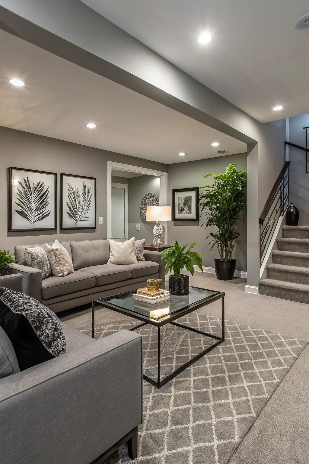 Soft gray walls lend a modern touch to this basement.