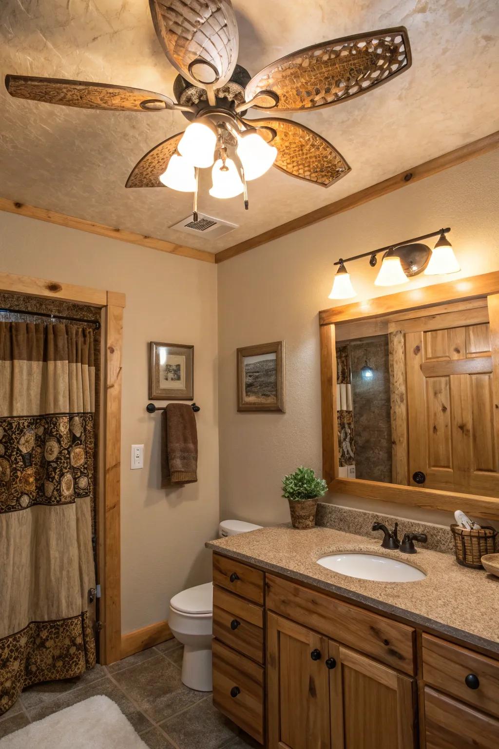 A rustic bathroom featuring a wood-inspired ceiling fan with light.