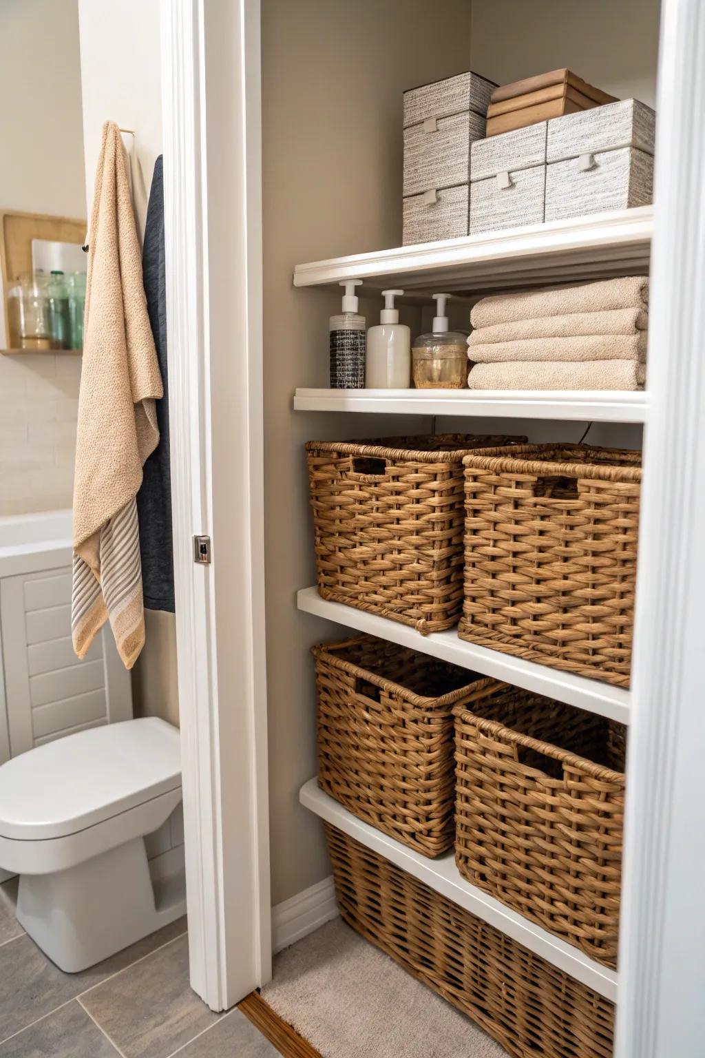 Wicker baskets bring warmth and organization.