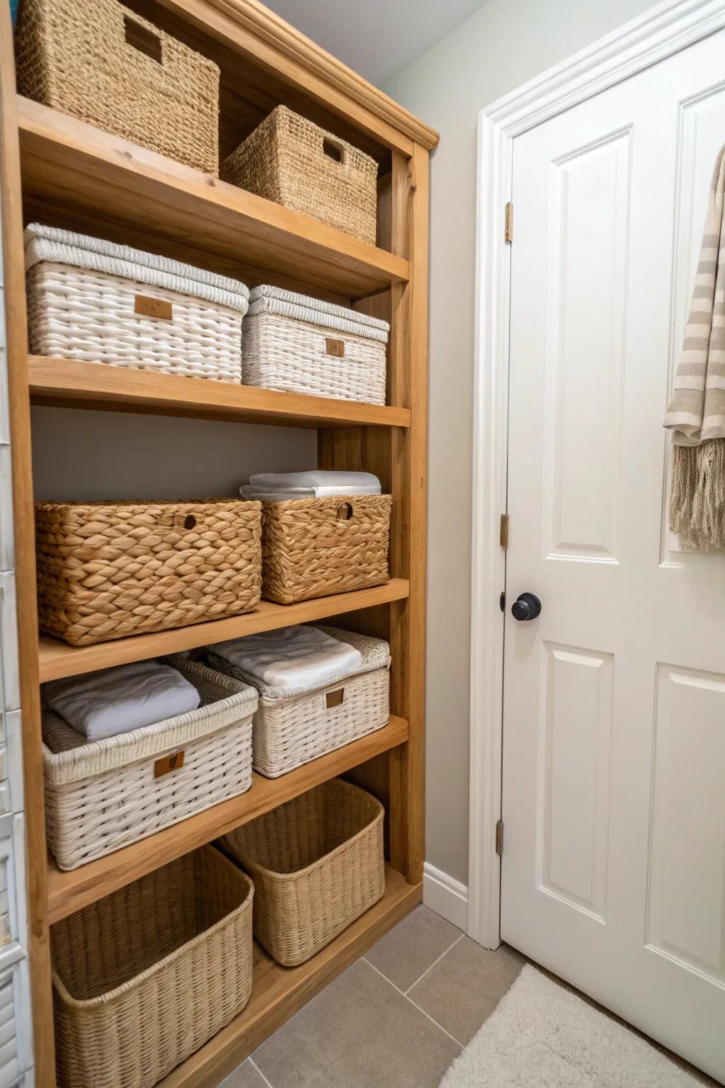 Shelves featuring matching baskets for a tidy and cohesive appearance.