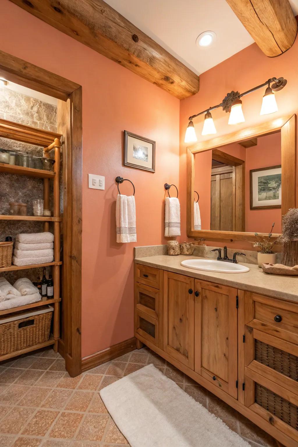 Peach tones bring warmth and vibrancy to the bathroom.