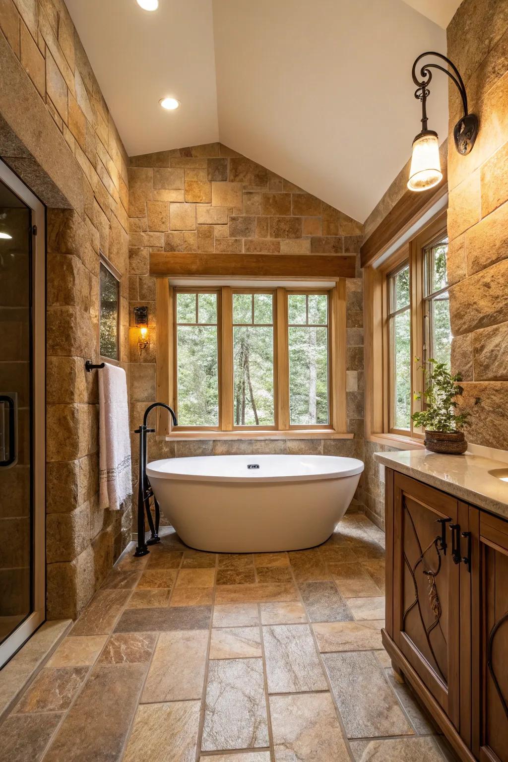 Embrace nature with lush stone tiles for a serene spa atmosphere.