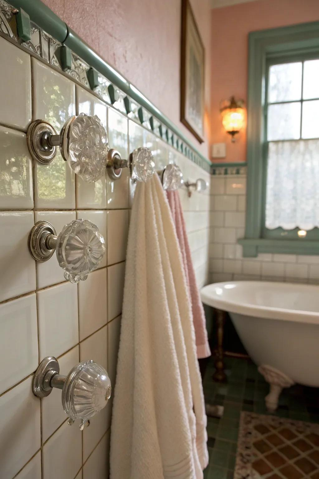 Antique glass knobs offer a vintage touch and elegance.