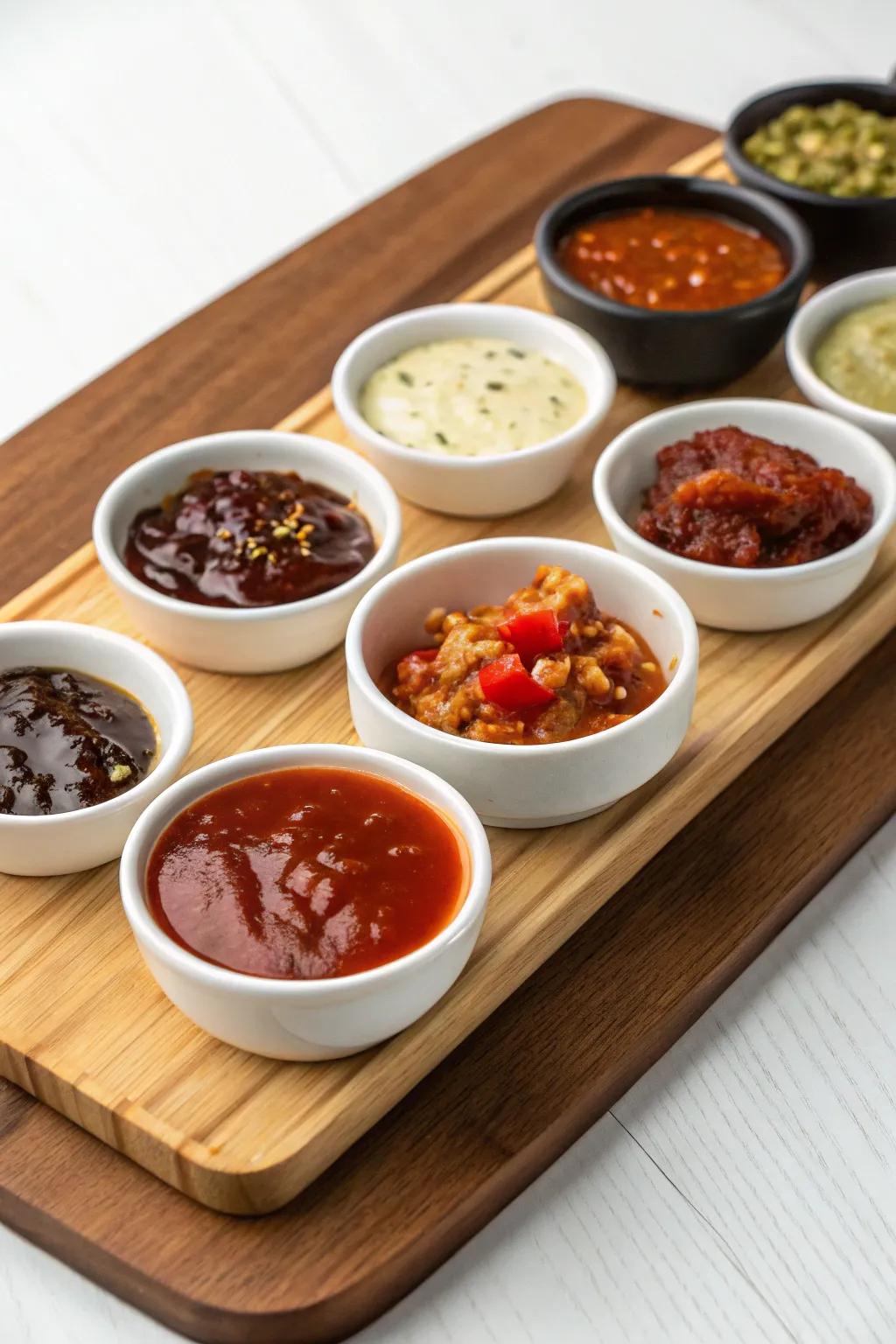 A rainbow of sauces adds flavor and fun to your board