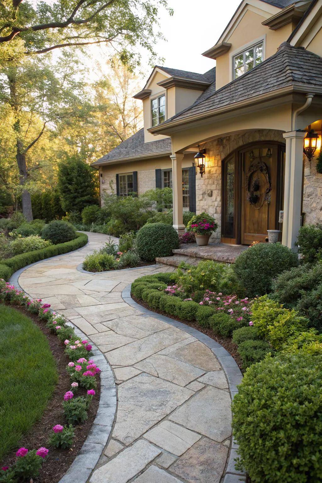 A charming stone pathway guiding guests through the garden.