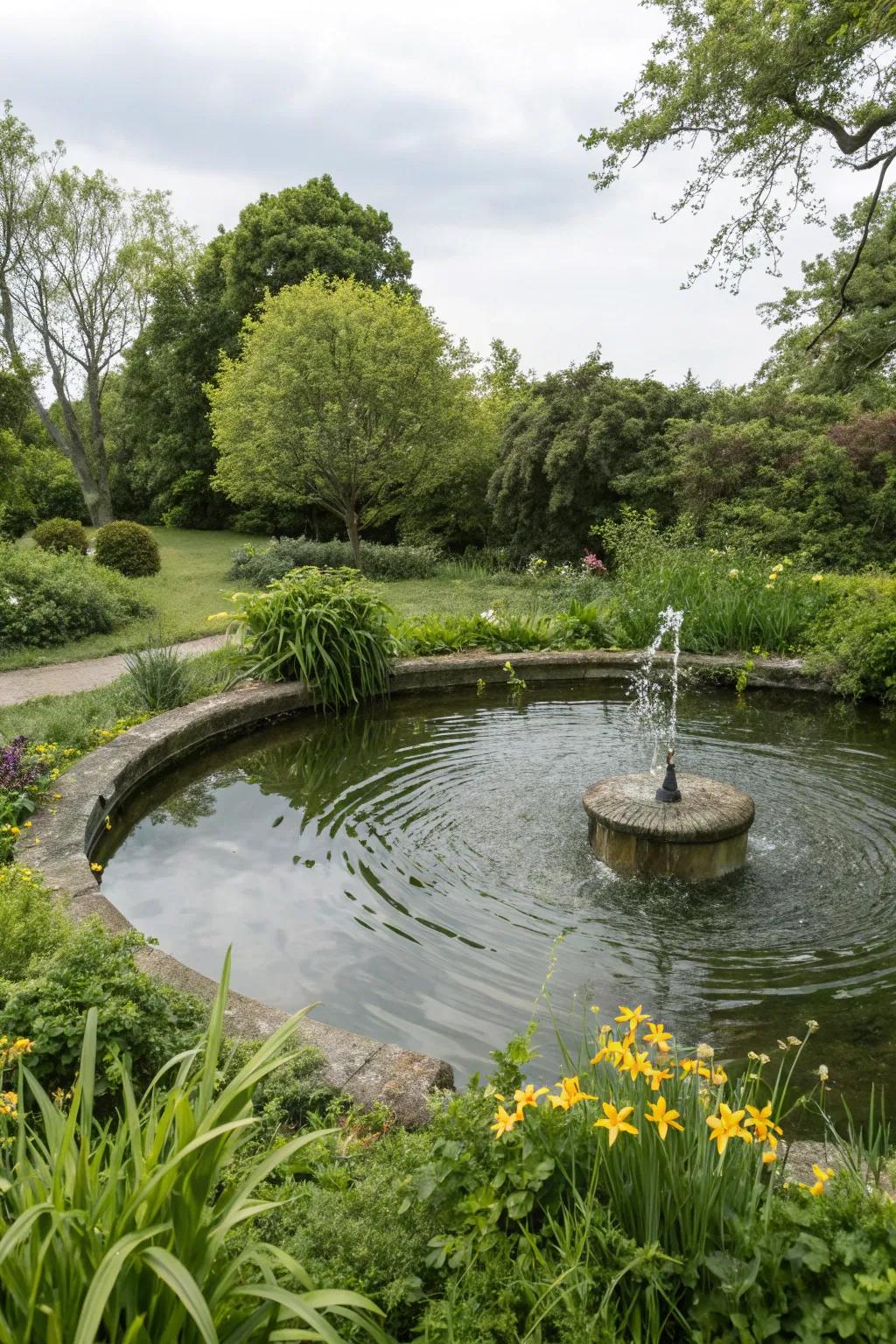 A serene garden pond with a gentle fountain, surrounded by lush spring greenery.