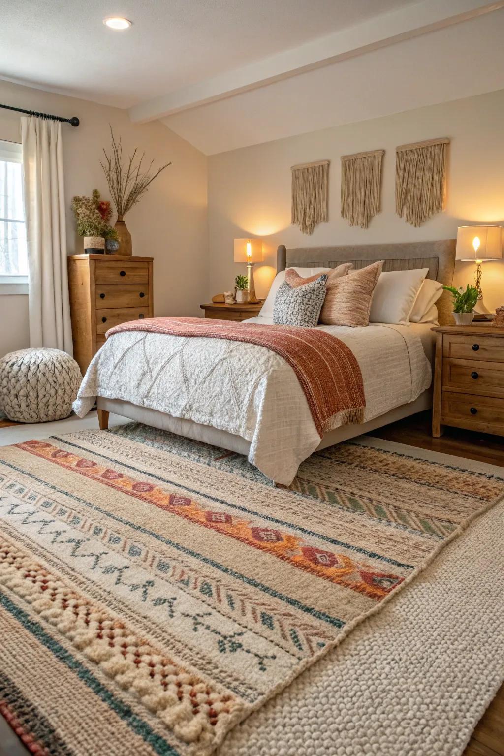 Layering rugs over carpet adds depth and texture to your bedroom.