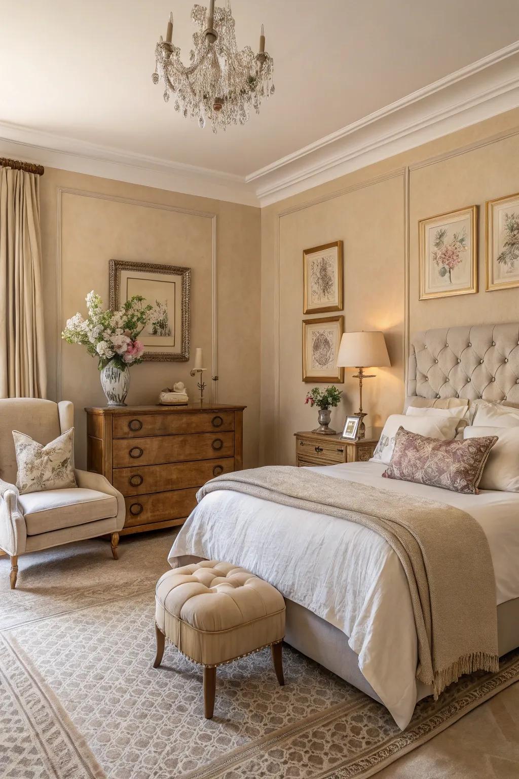 A serene bedroom with neutral tones and elegant decor.