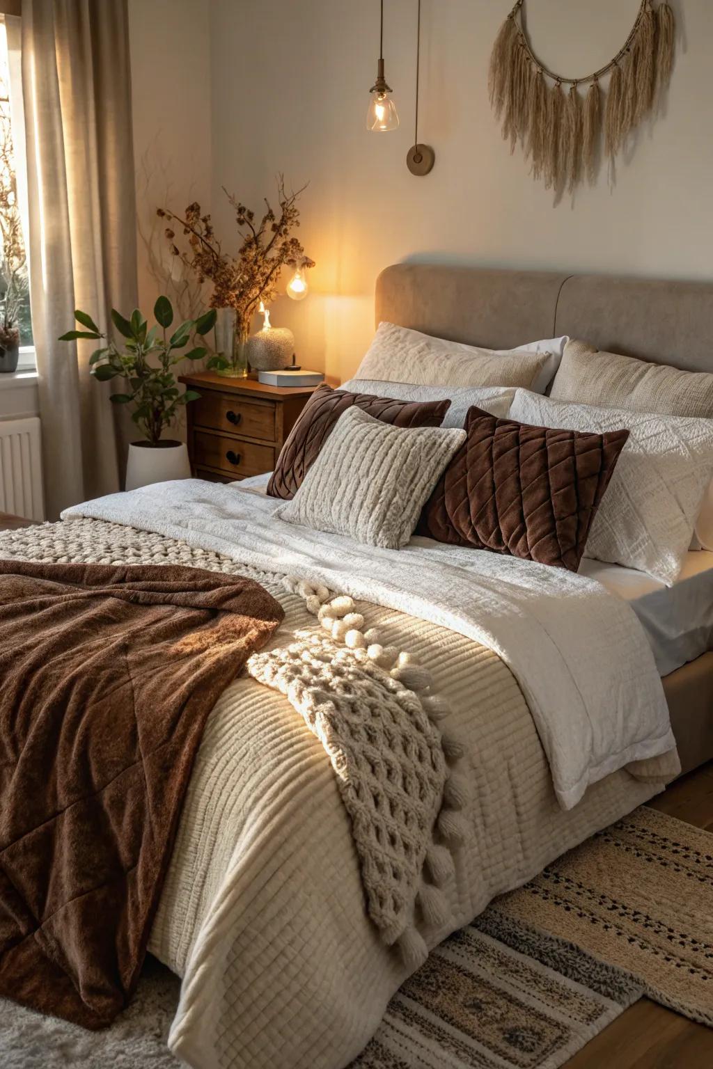 A bedroom that exudes warmth with its rich layers of texture.